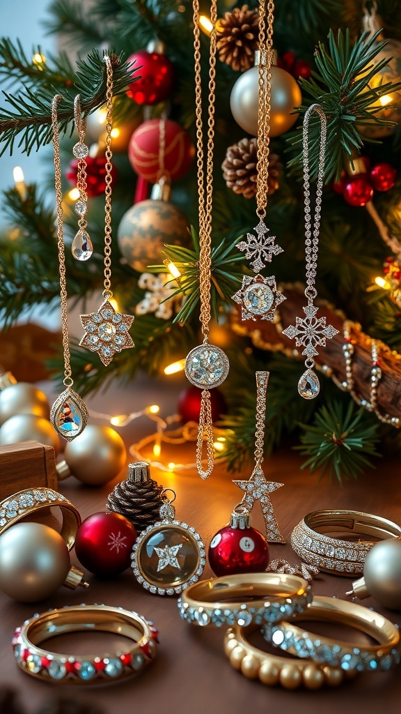 A festive jewelry display with Christmas decorations, including ornaments and lights, showcasing necklaces and earrings.
